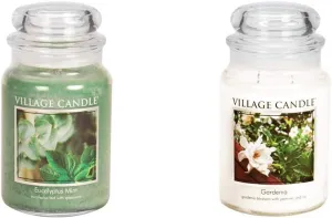 Village Candle Eucalyptus Mint Large Glass Apothecary Jar Scented Candle, 21.25 oz, Green & Candle Gardenia Large Glass Apothecary Jar Scented Candle, 21.25 oz, White