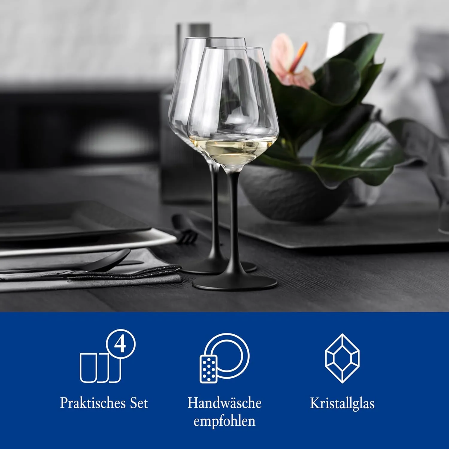 Villeroy & Boch Manufacture Rock Set of 4 White Wine, Crystal Glass Black Stem, Dishwasher Safe