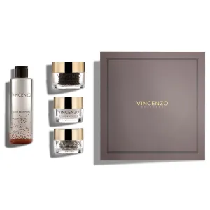 Vincenzo Caviar & Diamond Anti-Aging Set; 6.7floz Micellar Fluid, 1.3oz Morning Dew Drops, 0.7oz Eye Crème & 2oz Face Crème, with Hyaluronic Acid for Diminishing Wrinkles, Visible Firmness & Hydration