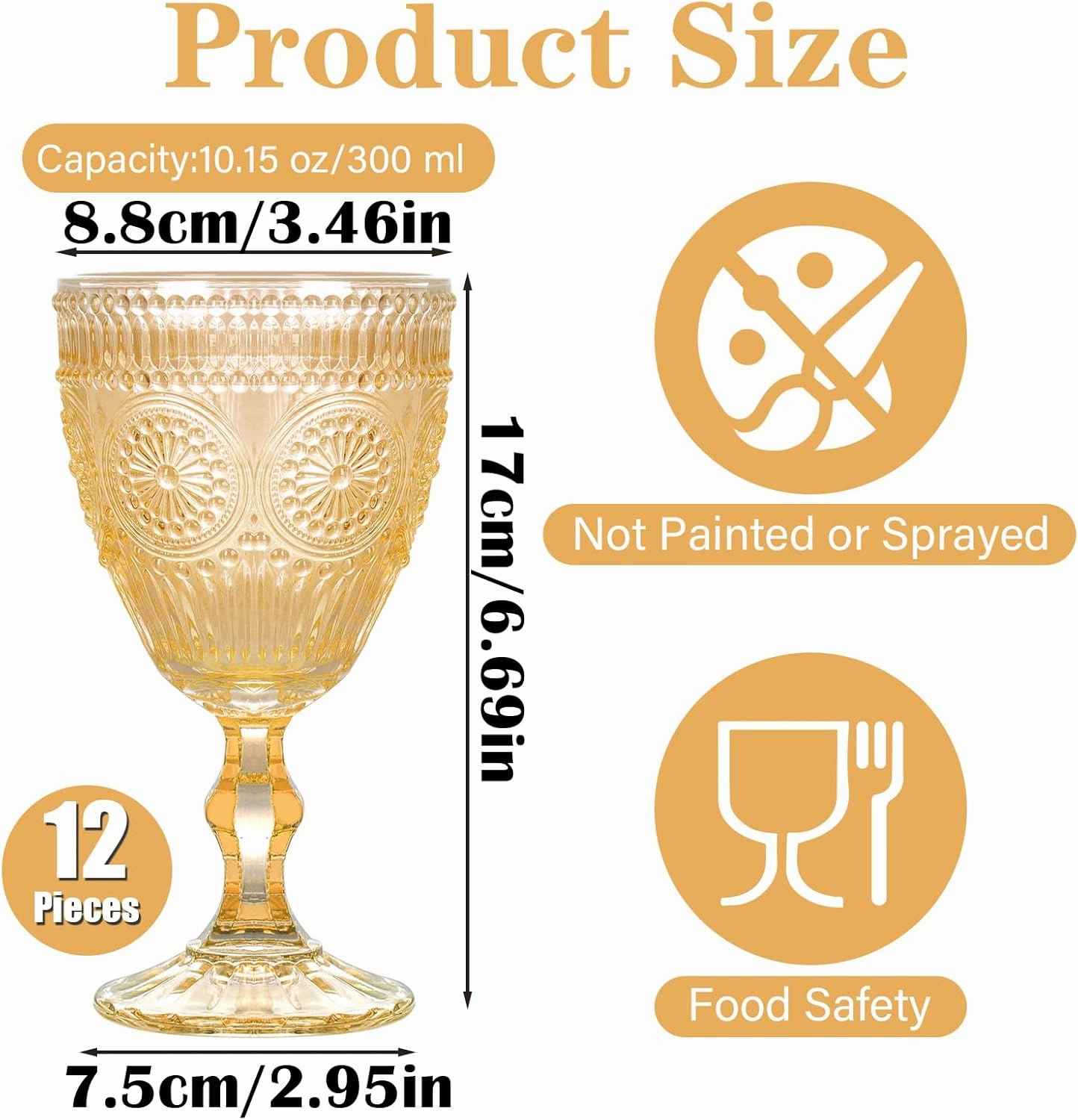 Vintage Wine Glasses Set of 12, 10 oz Glass Goblets Wine Glassware, Romantic Wedding Glass Set, Embossed Drinking Stemware Beverage Cups for Wedding Party Bar, Amber
