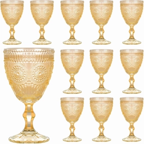 Vintage Wine Glasses Set of 12, 10 oz Glass Goblets Wine Glassware, Romantic Wedding Glass Set, Embossed Drinking Stemware Beverage Cups for Wedding Party Bar, Amber