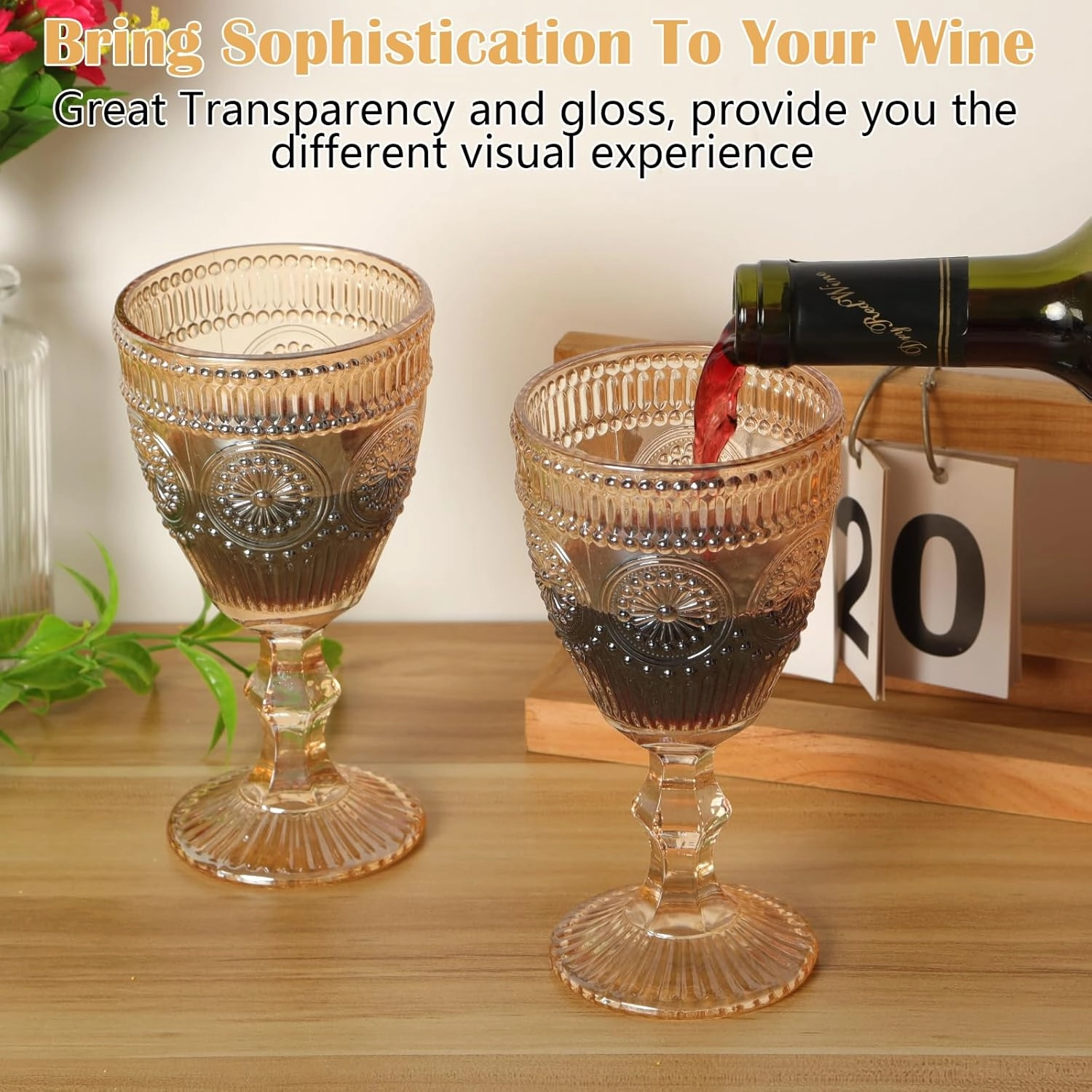 Vintage Wine Glasses Set of 12, 10 oz Glass Goblets Wine Glassware, Romantic Wedding Glass Set, Embossed Drinking Stemware Beverage Cups for Wedding Party Bar, Amber