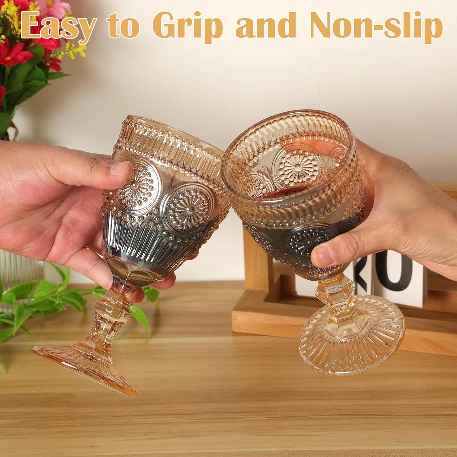 Vintage Wine Glasses Set of 12, 10 oz Glass Goblets Wine Glassware, Romantic Wedding Glass Set, Embossed Drinking Stemware Beverage Cups for Wedding Party Bar, Amber
