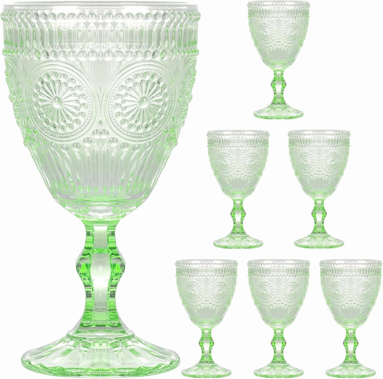 Vintage Wine Glasses Set of 6, 10 oz Glass Goblets Wine Glassware, Romantic Wedding Glass Set, Embossed Drinking Stemware Beverage Cups for Wedding Party Bar, Green