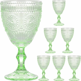 Vintage Wine Glasses Set of 6, 10 oz Glass Goblets Wine Glassware, Romantic Wedding Glass Set, Embossed Drinking Stemware Beverage Cups for Wedding Party Bar, Green