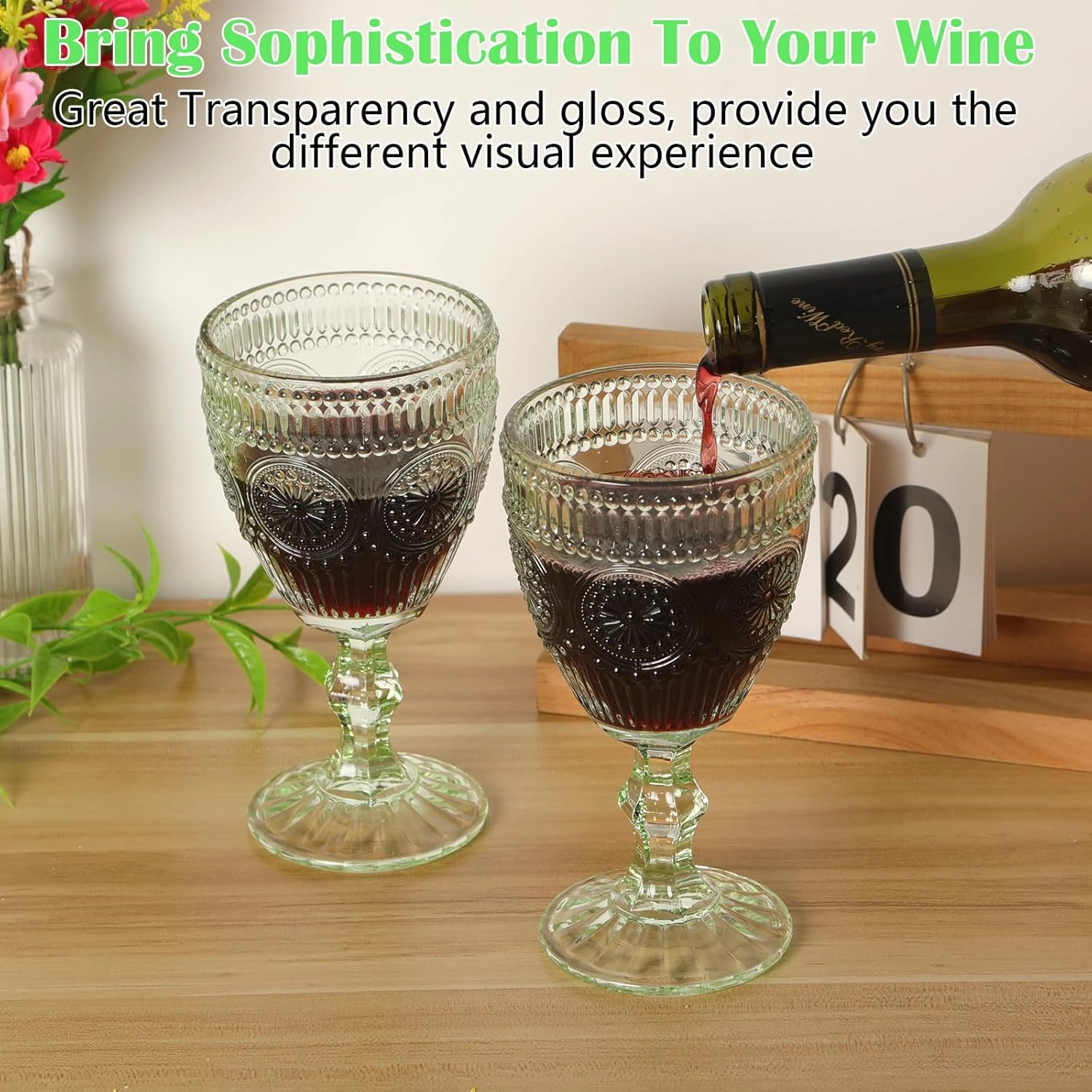 Vintage Wine Glasses Set of 6, 10 oz Glass Goblets Wine Glassware, Romantic Wedding Glass Set, Embossed Drinking Stemware Beverage Cups for Wedding Party Bar, Green