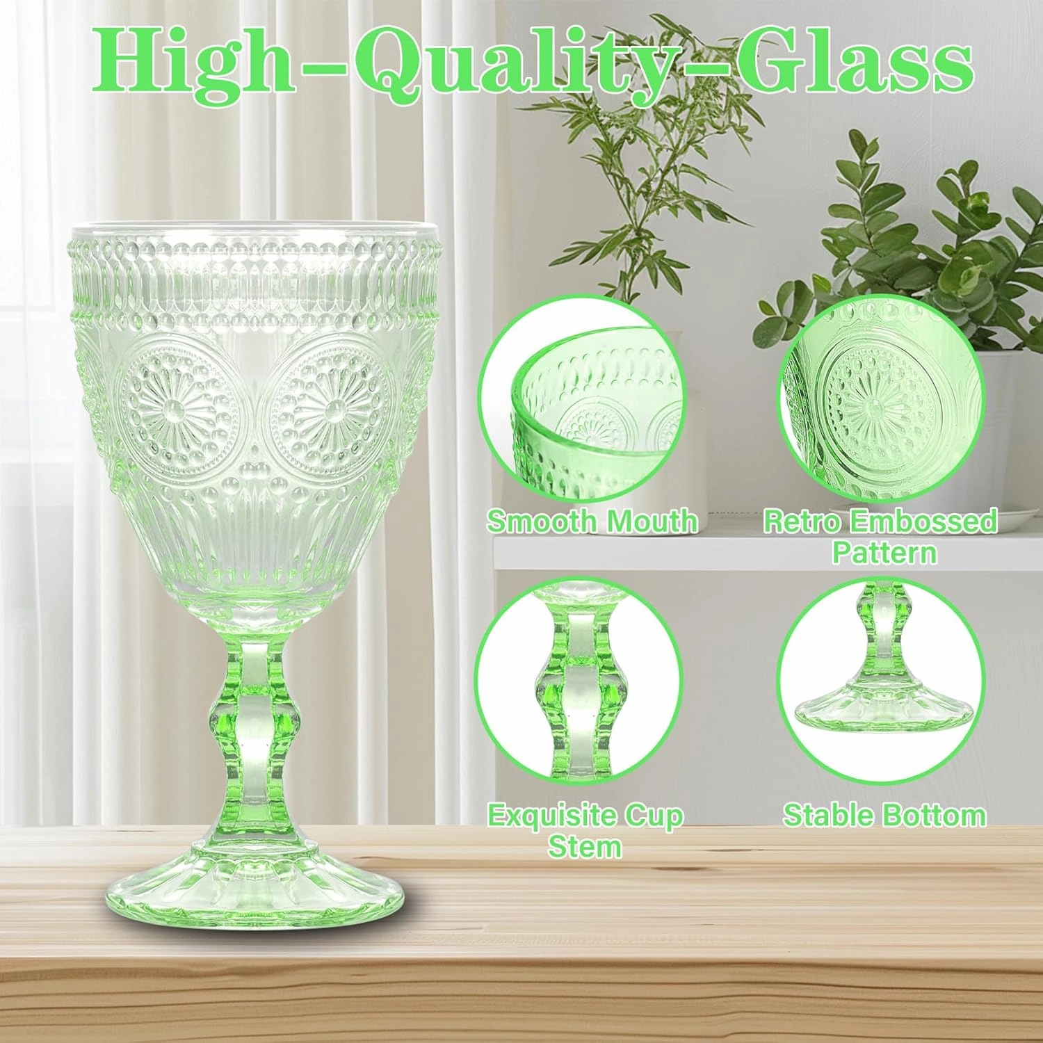Vintage Wine Glasses Set of 6, 10 oz Glass Goblets Wine Glassware, Romantic Wedding Glass Set, Embossed Drinking Stemware Beverage Cups for Wedding Party Bar, Green