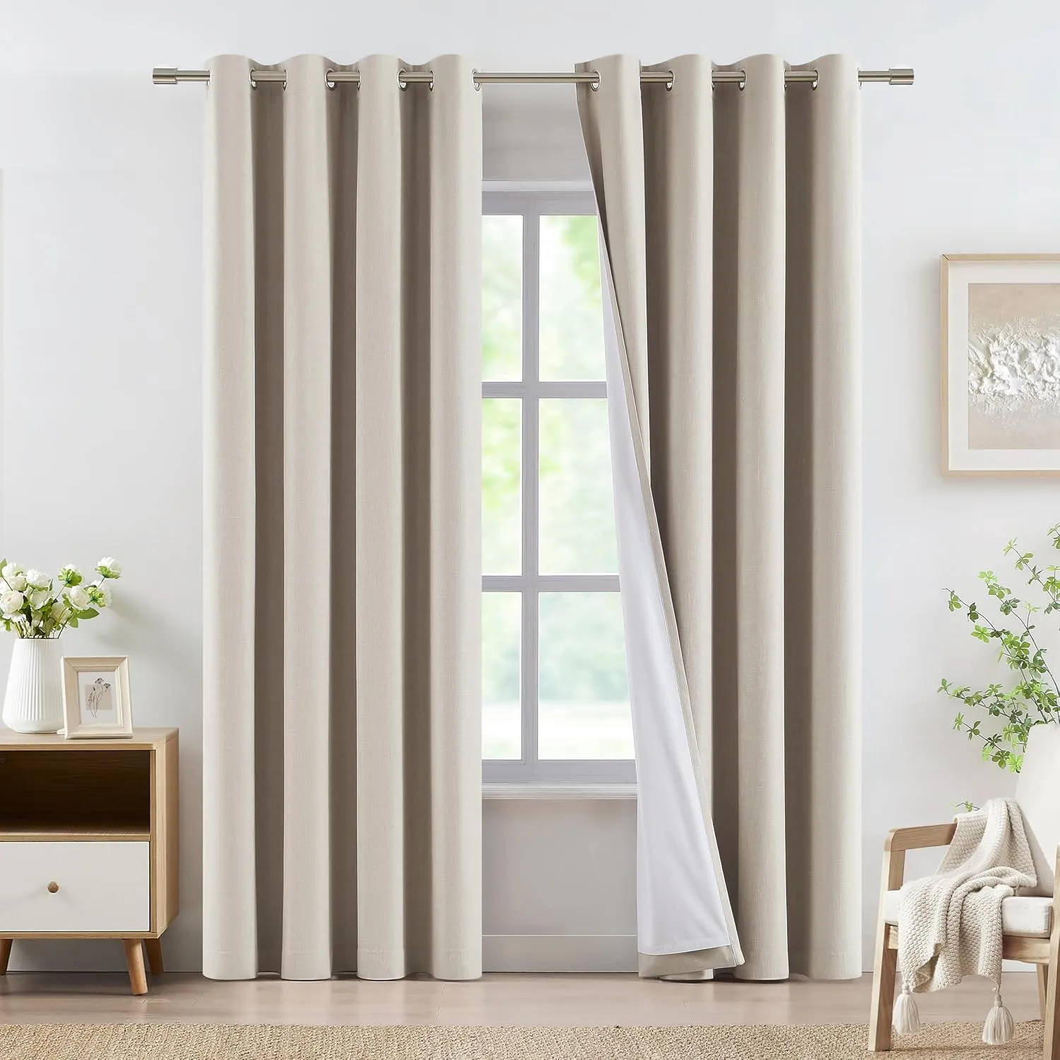 Vision Home Sand Full Blackout Window Curtains Grommet Linen Total Room Darkening Window Panels 84 inches for Bedroom Living Room Noise Reducing Thermal Insulated Linen Drapes 58"Wx84"Lx2,Camel Beige