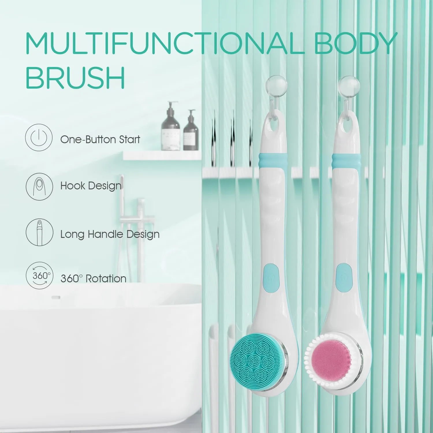 VOYOR Electric Body Brush Back Scrubber for Shower Rechargeable Exfoliating Bath Brush Powered Shower Brush with Non-Slip Long Handle Deep Cleansing, Exfoliation, Massaging Spin Brush BC100 (Blue)