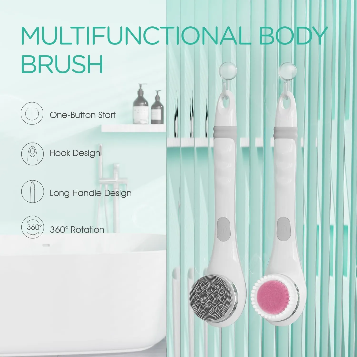 VOYOR Electric Body Brush Back Scrubber for Shower Rechargeable Exfoliating Bath Brush Powered Shower Brush with Non-Slip Long Handle Deep Cleansing, Exfoliation, Massaging Spin Brush BC100 (Gery)