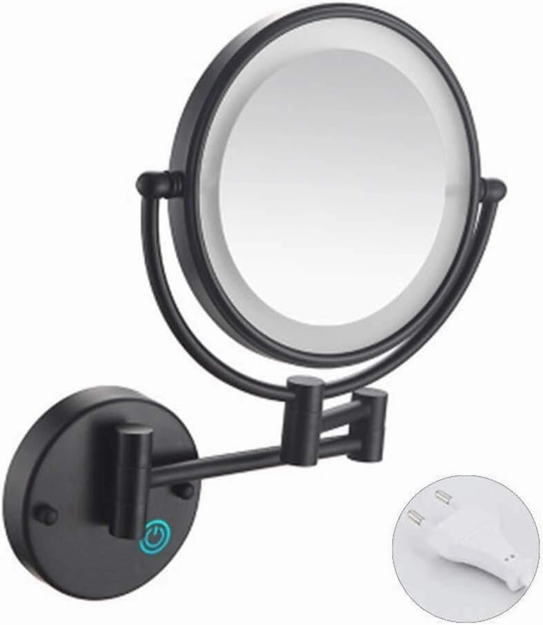 Wall Mounted Makeup Mirror with LED Light, Double-Sided 5X/7X/10X Magnification, Extendable Arm, 360° Swivel, Touch Button, for Bathrooms, Hotels, Spas, and Beauty Salons(Matte Black,7X)