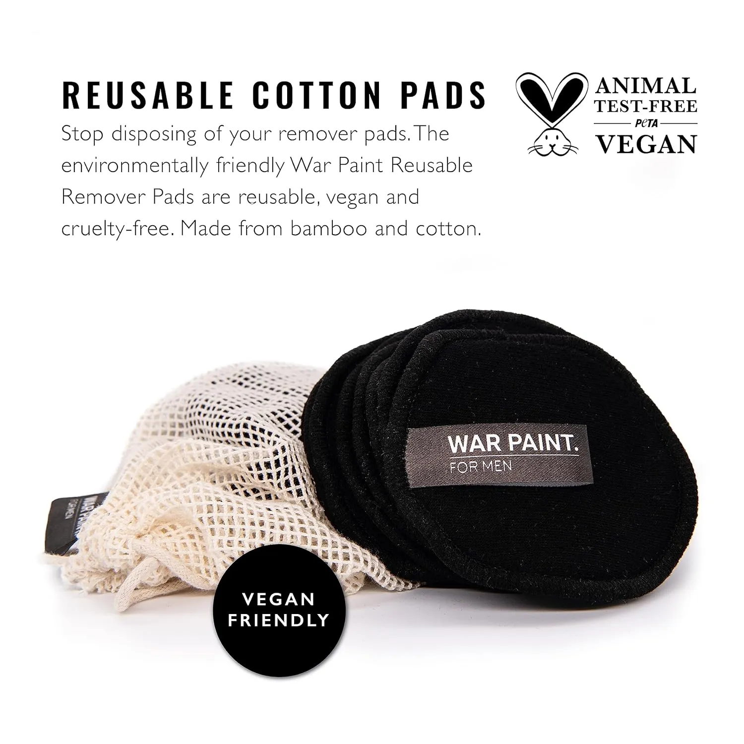 War Paint for Men Reusable Bamboo & Cotton Makeup Remover Pads - Vegan Friendly & Cruelty-Free - Makeup Removal Product for Men - 8 Pack