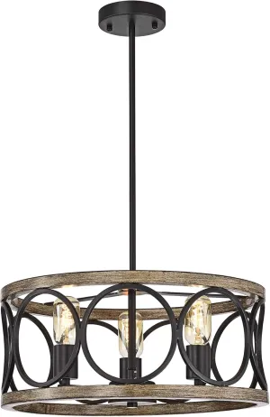 Warehouse of Tiffany MD05/3 Lassy Matte Black 3-Light Drum Cage Open Metal Hoops Shade Chandelier, Brown