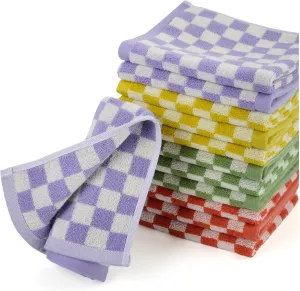 Wash Cloths 12 Pack Soft - Checkered Terry Wash Cloth (13"x13") in 4 Colors, Multi-Purpose Bathroom, Showering, Face Towels