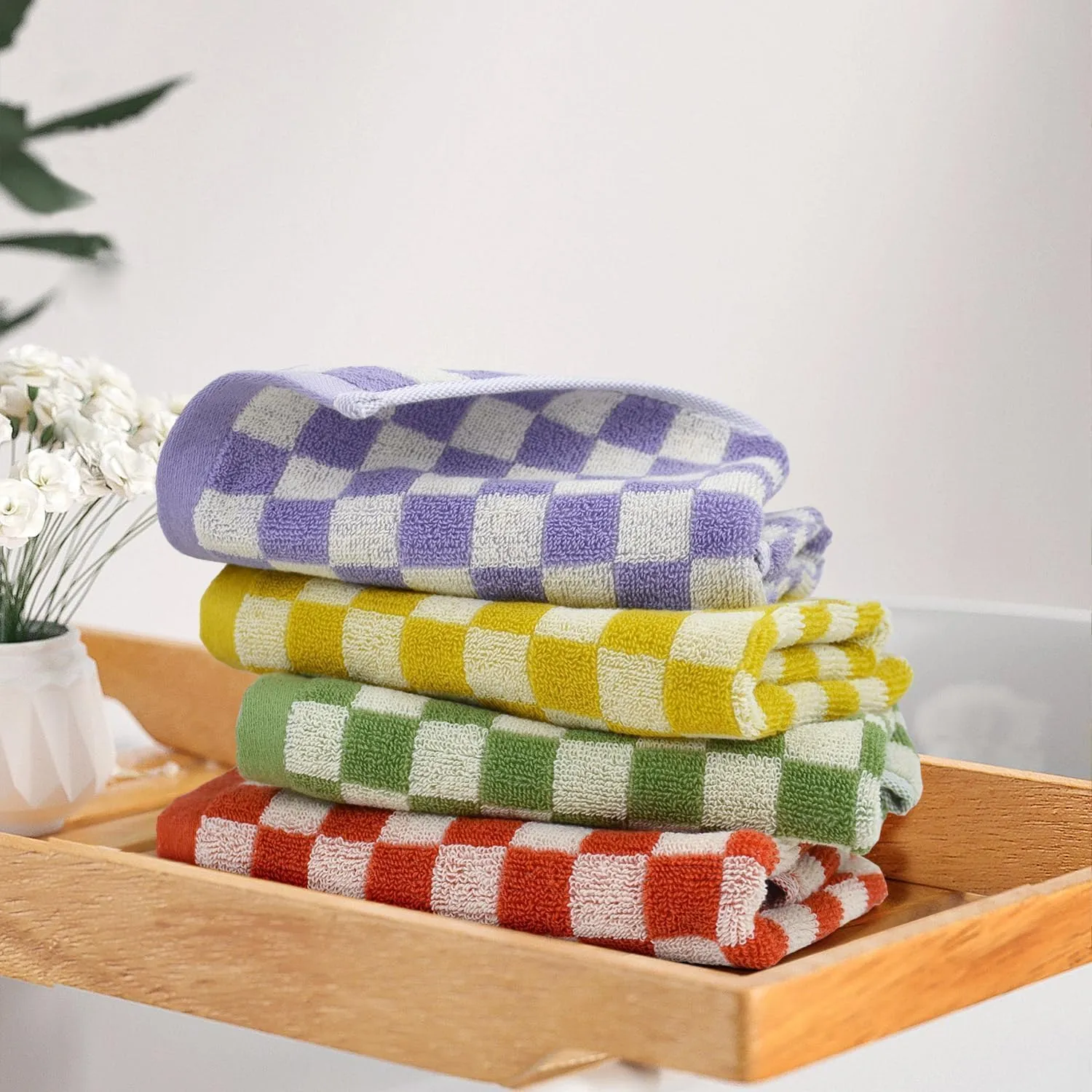 Wash Cloths 12 Pack Soft - Checkered Terry Wash Cloth (13"x13") in 4 Colors, Multi-Purpose Bathroom, Showering, Face Towels
