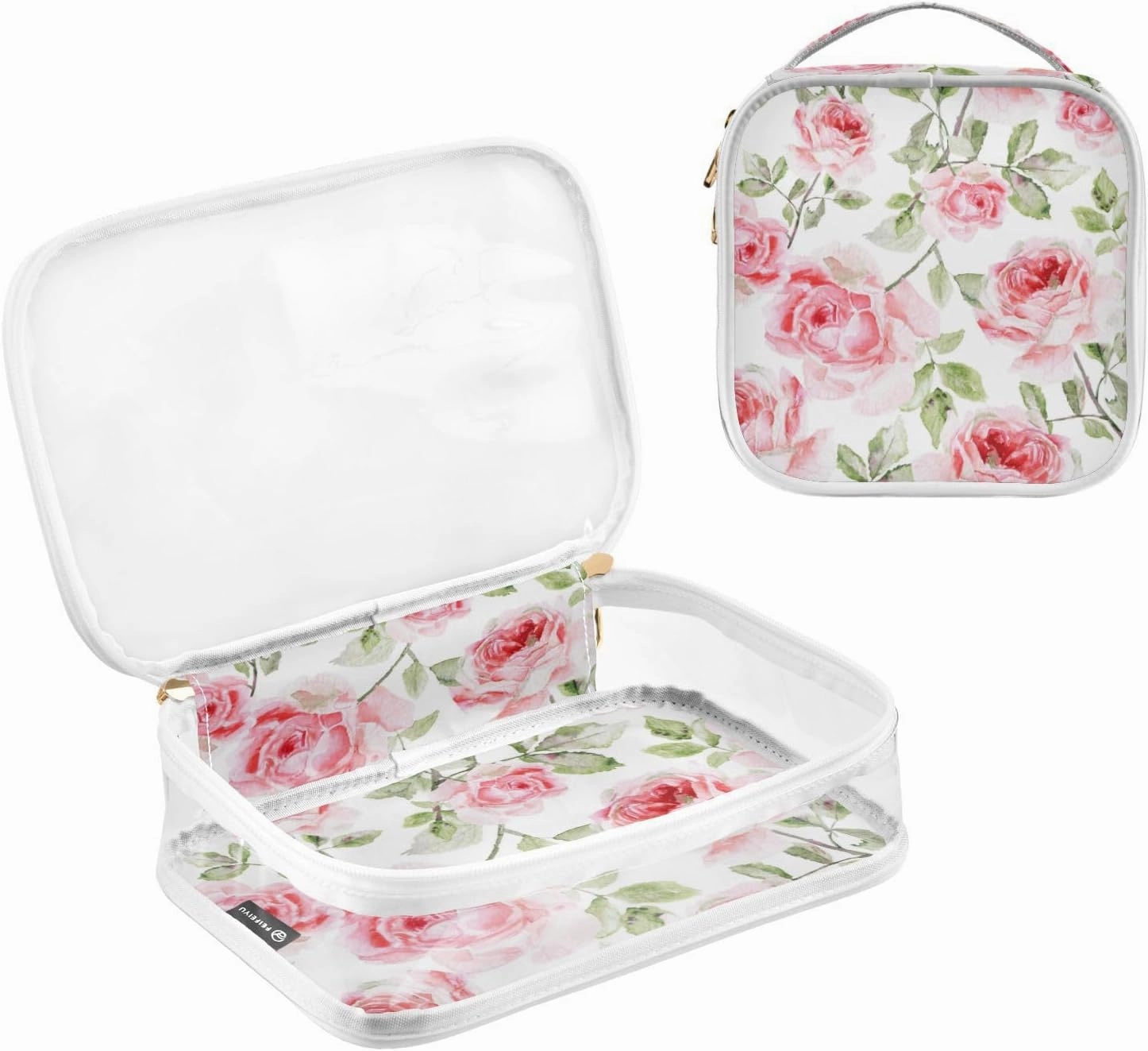 Watercolor Pink Roses Travel Transparent Bag, Makeup Bag with Zipper, Makeup Bag for Girls, 2 Pack