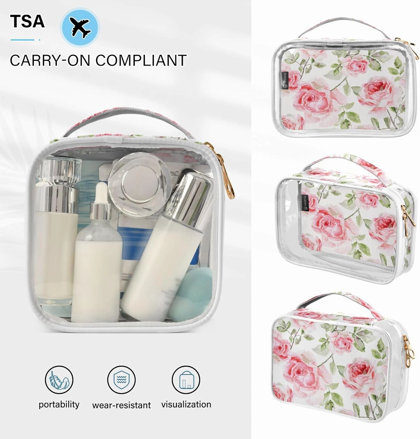 Watercolor Pink Roses Travel Transparent Bag, Makeup Bag with Zipper, Makeup Bag for Girls, 2 Pack