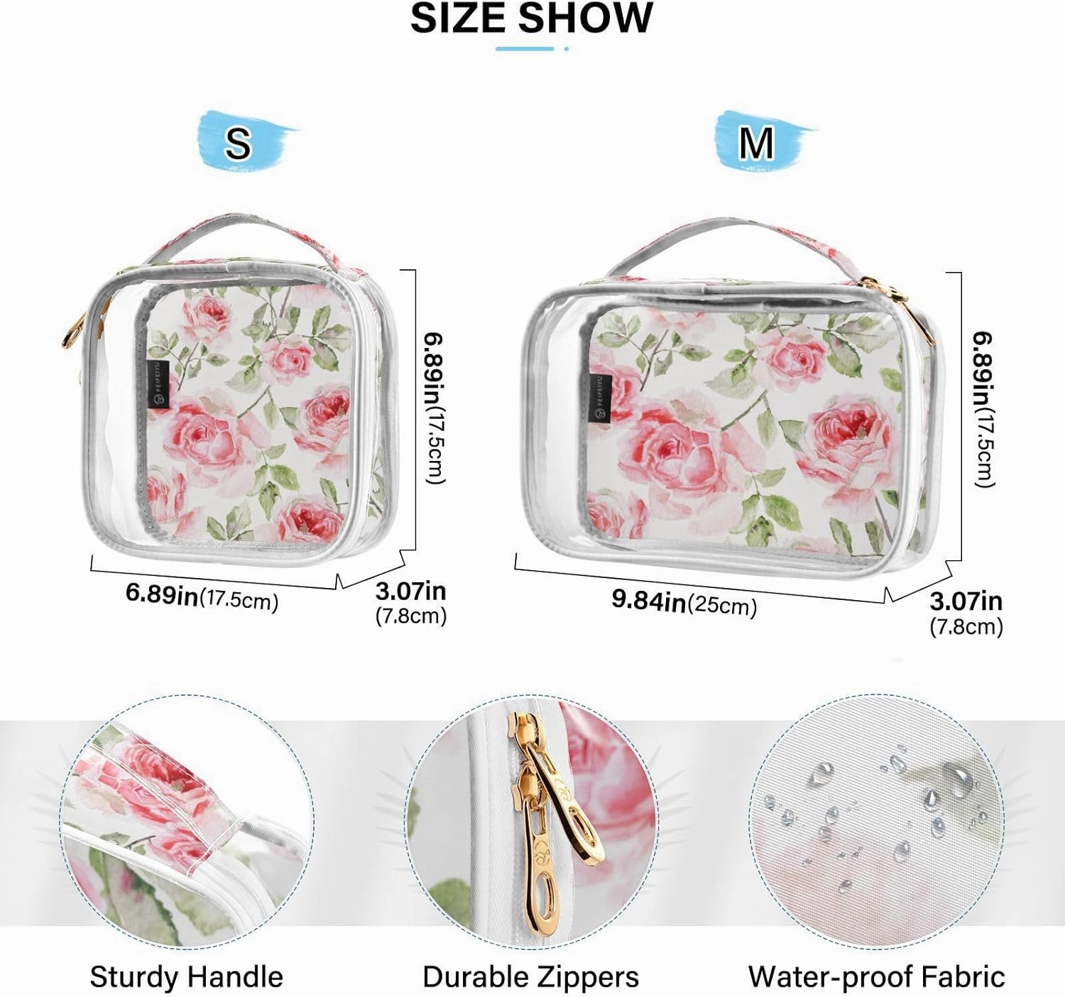 Watercolor Pink Roses Travel Transparent Bag, Makeup Bag with Zipper, Makeup Bag for Girls, 2 Pack