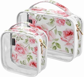 Watercolor Pink Roses Travel Transparent Bag, Makeup Bag with Zipper, Makeup Bag for Girls, 2 Pack