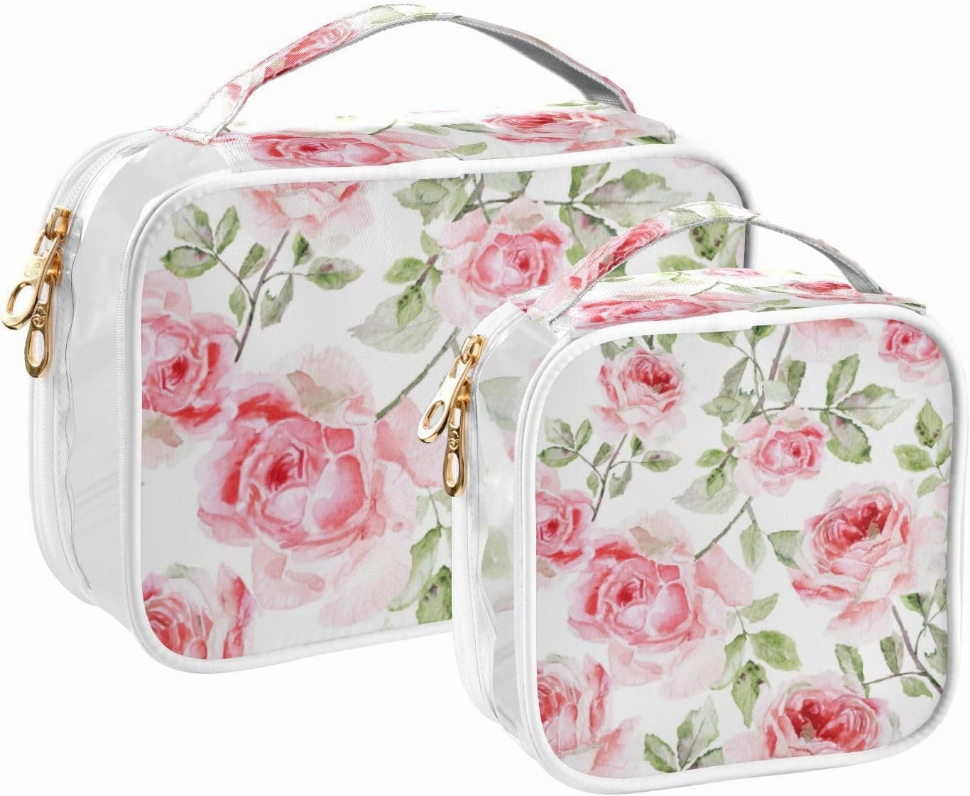 Watercolor Pink Roses Travel Transparent Bag, Makeup Bag with Zipper, Makeup Bag for Girls, 2 Pack