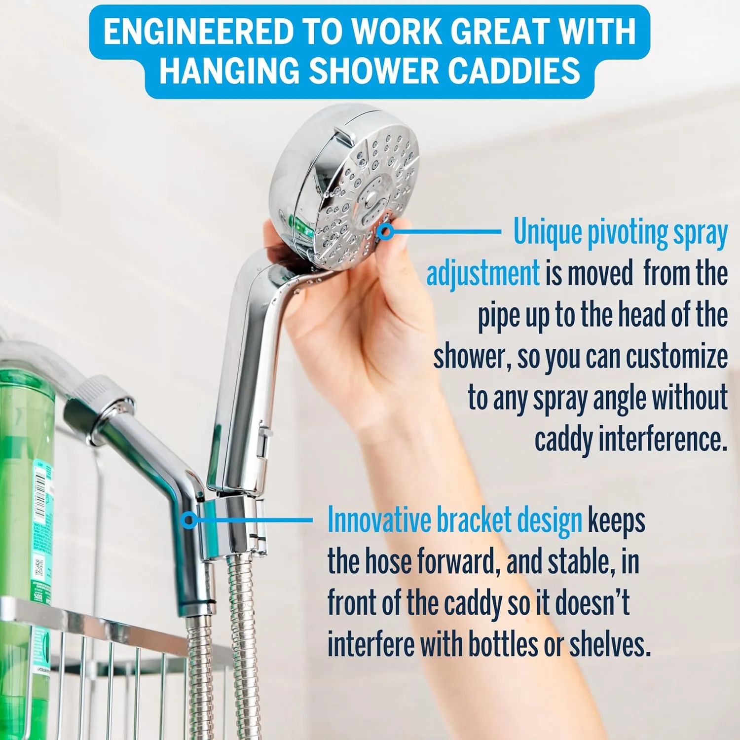 Waterpik Caddy Buddy Pivoting Hand Held Shower Head With 5-Foot Hose, 5-Mode with High Pressure Sprays, Matte Black, PHO-555E