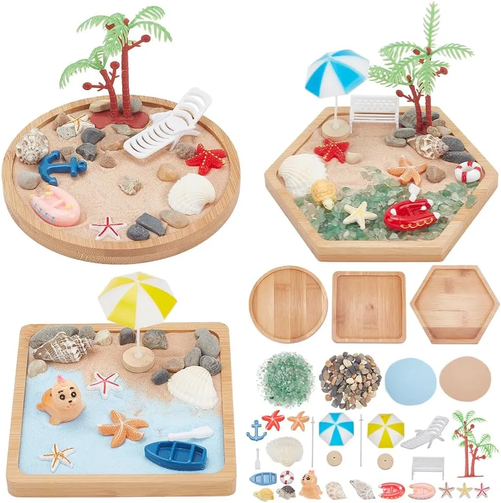 WEBEEDY 3 Sets Miniature Beach Zen Garden Kit Sand Craft Kit Ocean Beach Sandbox Decorations Meditation Mini Zen Garden Accessories for Home Therapy Office Desktop Decor Unique Gift