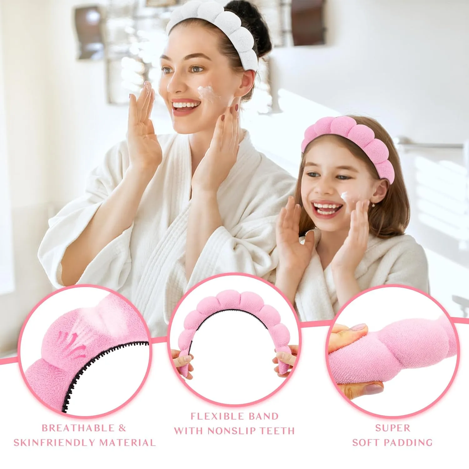 Wecoe 3pcs Skincare Headband For Washing Face Spa Makeup Face Wash Headband with Teeth Cute Pink White Black Puffy Sponge Bubble Hair Band Hair Accessories For Women Girls Kids Teens Gifts