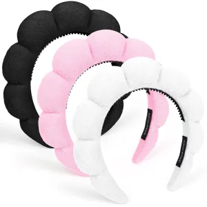 Wecoe 3pcs Skincare Headband For Washing Face Spa Makeup Face Wash Headband with Teeth Cute Pink White Black Puffy Sponge Bubble Hair Band Hair Accessories For Women Girls Kids Teens Gifts