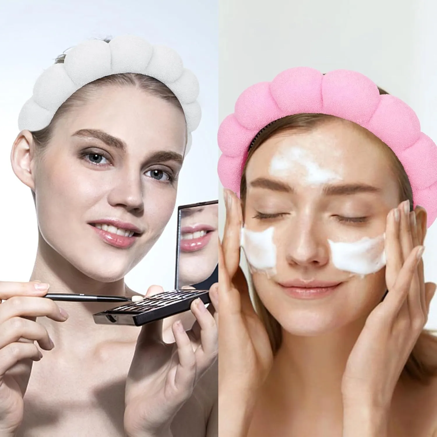Wecoe 3pcs Skincare Headband For Washing Face Spa Makeup Face Wash Headband with Teeth Cute Pink White Black Puffy Sponge Bubble Hair Band Hair Accessories For Women Girls Kids Teens Gifts