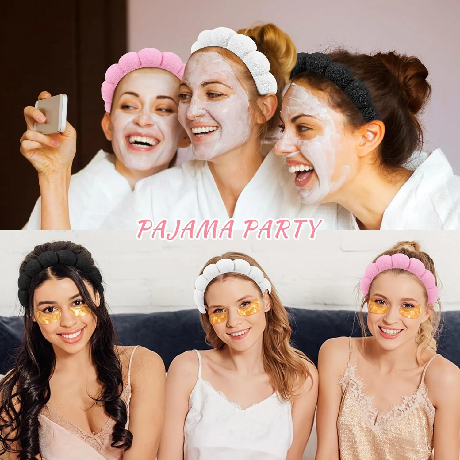Wecoe 3pcs Skincare Headband For Washing Face Spa Makeup Face Wash Headband with Teeth Cute Pink White Black Puffy Sponge Bubble Hair Band Hair Accessories For Women Girls Kids Teens Gifts