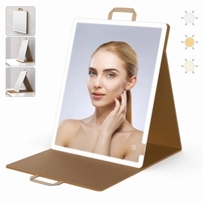 WEILY Portable Makeup Mirror with Lights, Touchable Three Colors Dimmable Lighted Makeup Mirror, 2000 mAh Type-C Rechargeable Vanity Mirror, Portable Hollywood Hanging Detachable Mirror (Khaki)