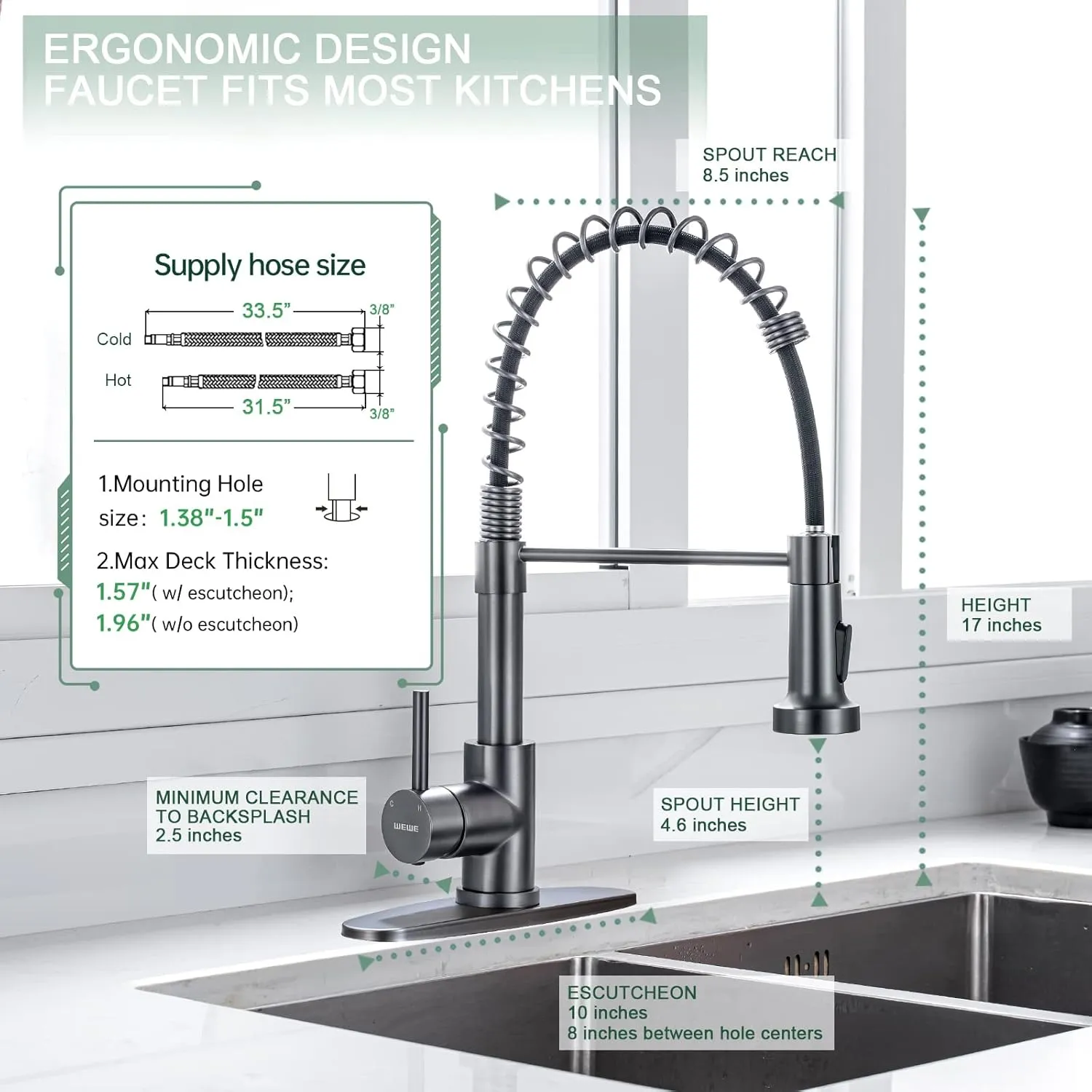 WEWE Black Stainless Kitchen Faucet, Faucet for Kitchen Sink with Pull Down Sprayer Gray Matte Gun Black Kitchen Faucet with Deck Plate Stainless Steel Farmhouse Commercial Single Handle Sink Faucet