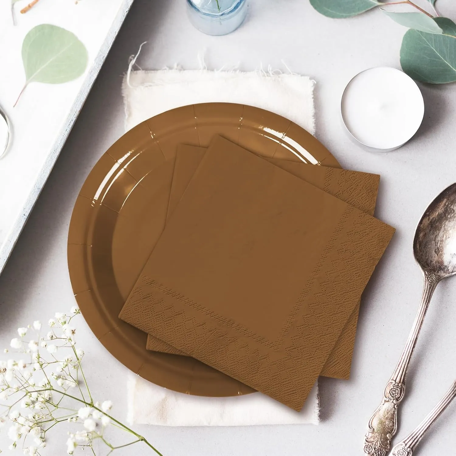 Whaline 100Pcs Brown Tableware Set Fall Disposable Dinnerware Set 50Pcs Paper Plates 25Pcs Napkin 25Pcs Cups for Wedding Birthday Bride Shower Party Supplies Table Decor