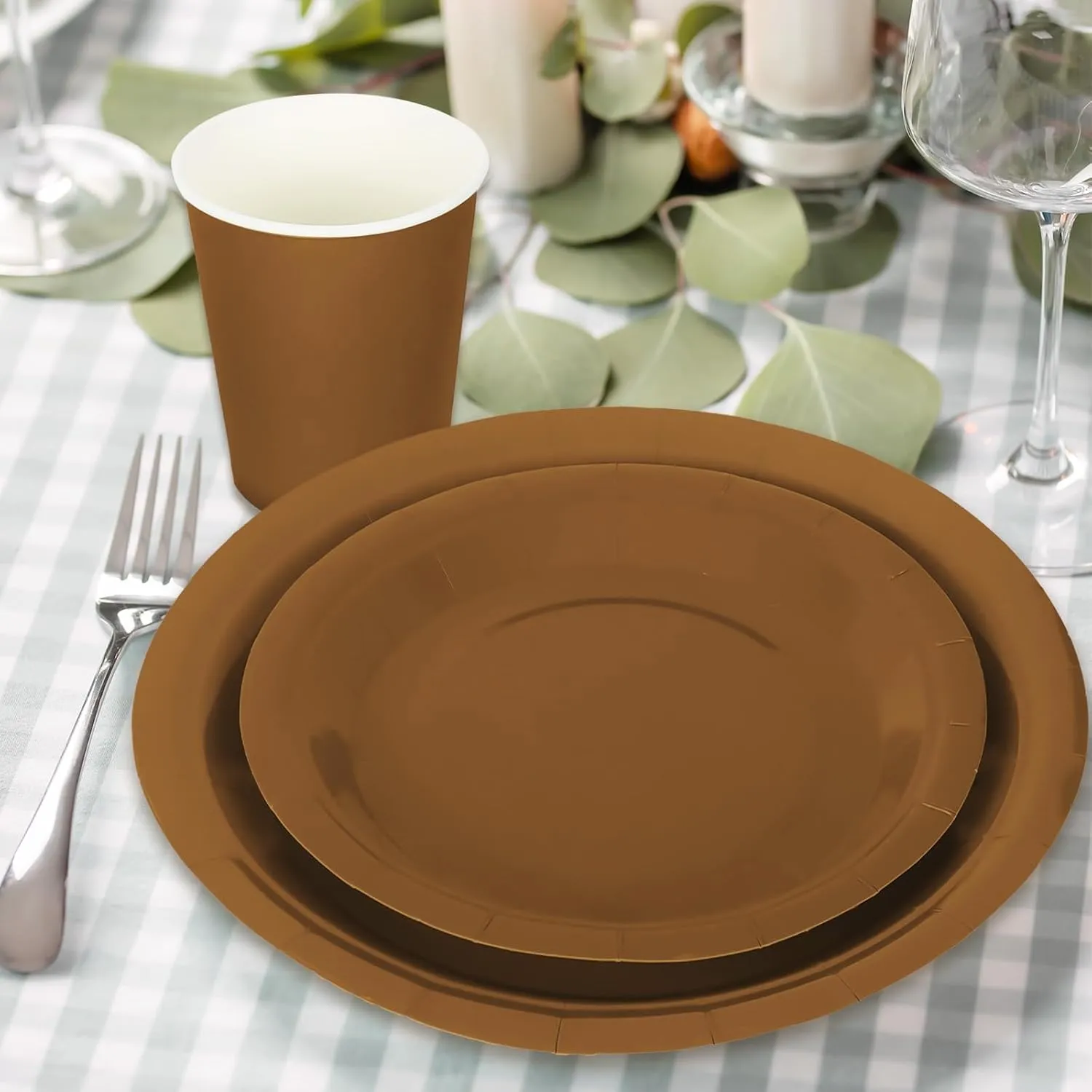 Whaline 100Pcs Brown Tableware Set Fall Disposable Dinnerware Set 50Pcs Paper Plates 25Pcs Napkin 25Pcs Cups for Wedding Birthday Bride Shower Party Supplies Table Decor