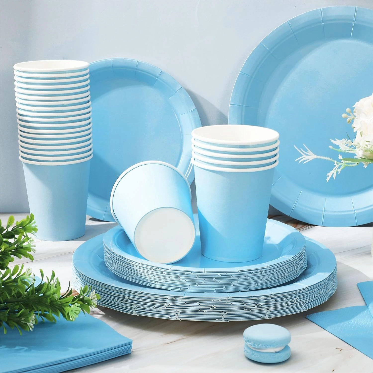 Whaline 100Pcs Light Blue Tableware Set Blue Graudation Party Supplies Summer Disposable Dinnerware Set 50Pcs Paper Plates 25Pcs Napkin 25Pcs Cups for Wedding Birthday Bride Shower Party Table Decor