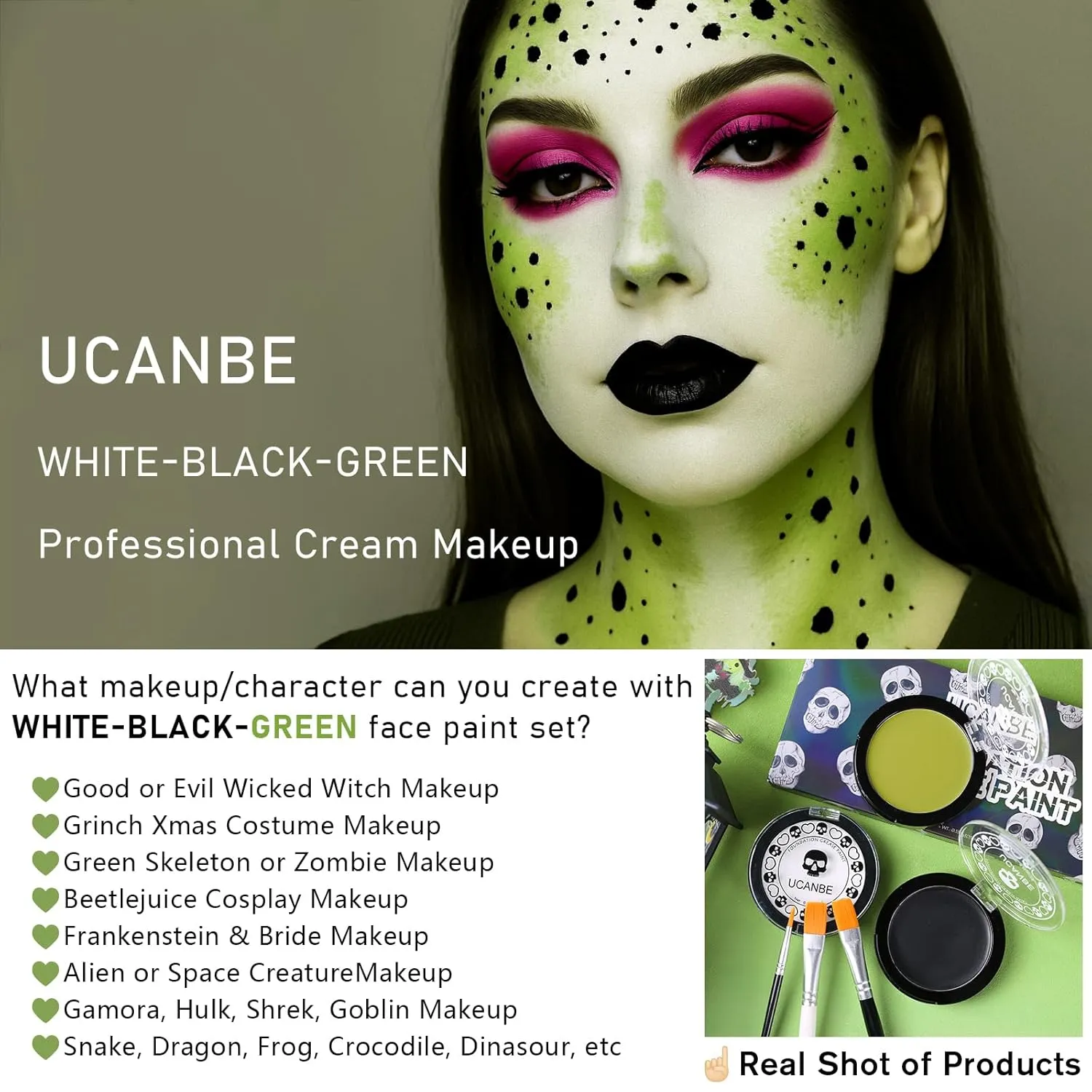 White Foundation   Black Green Face Body Paint with Painting Brushes Halloween Makeup Set, Kids Adults Facepaint Kit for Witch Monster Grinch Shrek Hulk Alien Special Effects Make Up Cosplay Party