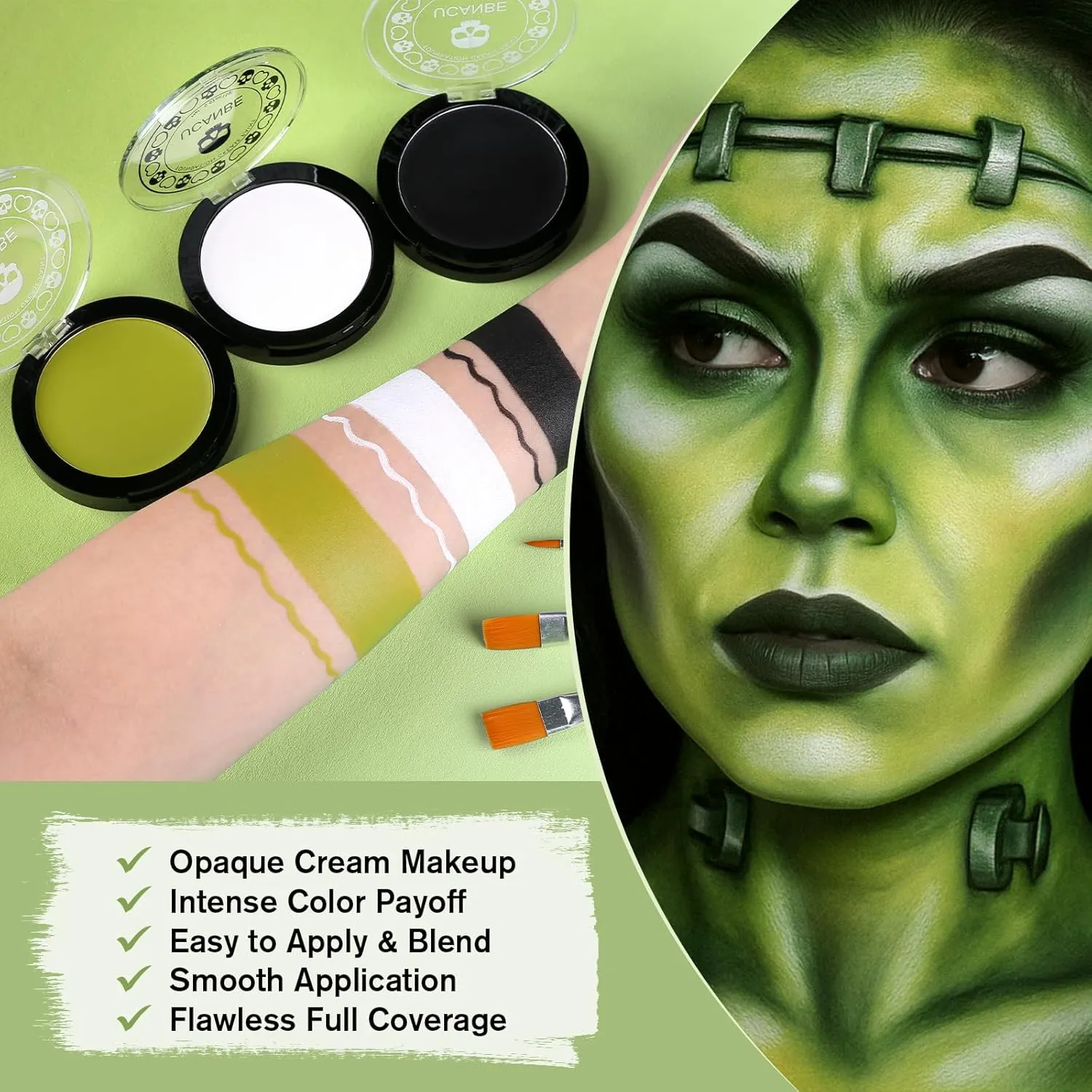 White Foundation   Black Green Face Body Paint with Painting Brushes Halloween Makeup Set, Kids Adults Facepaint Kit for Witch Monster Grinch Shrek Hulk Alien Special Effects Make Up Cosplay Party