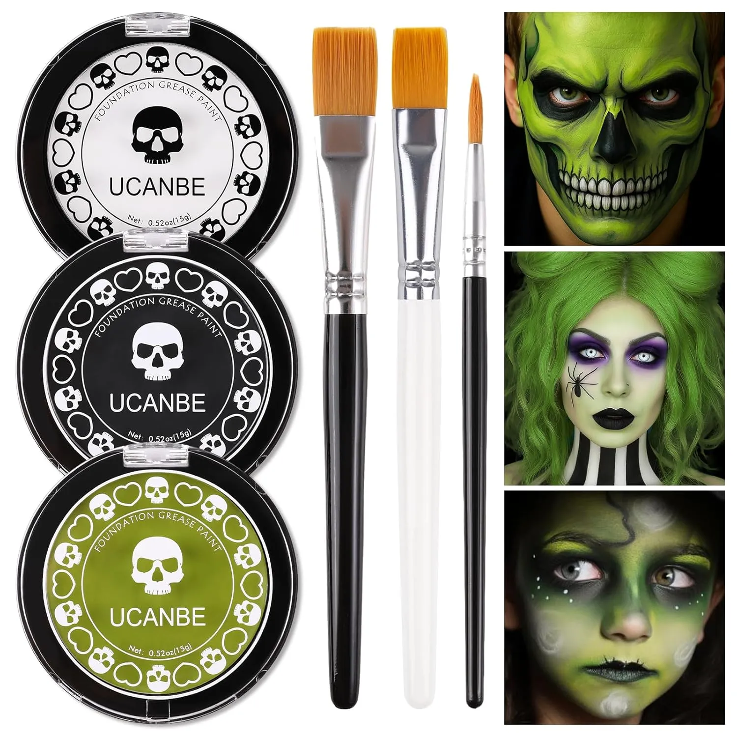 White Foundation   Black Green Face Body Paint with Painting Brushes Halloween Makeup Set, Kids Adults Facepaint Kit for Witch Monster Grinch Shrek Hulk Alien Special Effects Make Up Cosplay Party