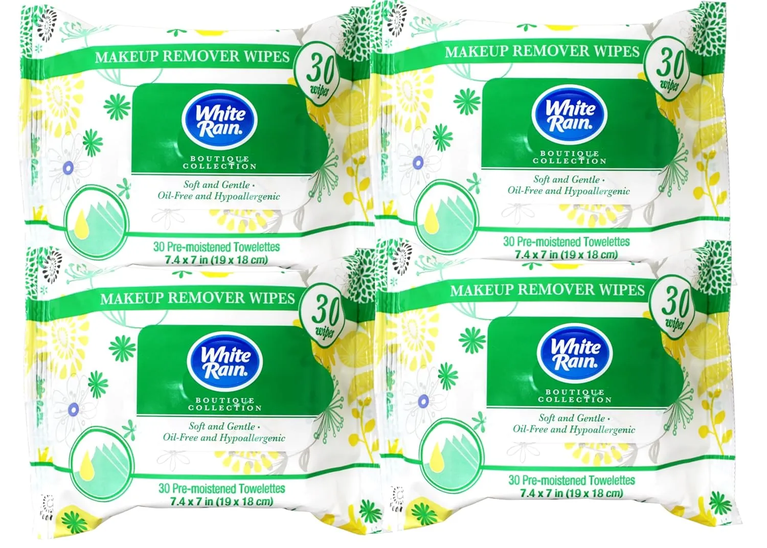 White Rain Boutique Collection Makeup Remover Wipes, Soft & Gentle, Oil-Free & Hypoallergenic, 7.4 x 7 in, 30 Count - 4 Pack