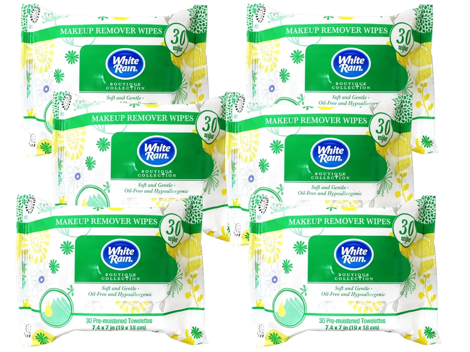 White Rain Boutique Collection Makeup Remover Wipes, Soft & Gentle, Oil-Free & Hypoallergenic, 7.4 x 7 in, 30 Count - 6 Pack