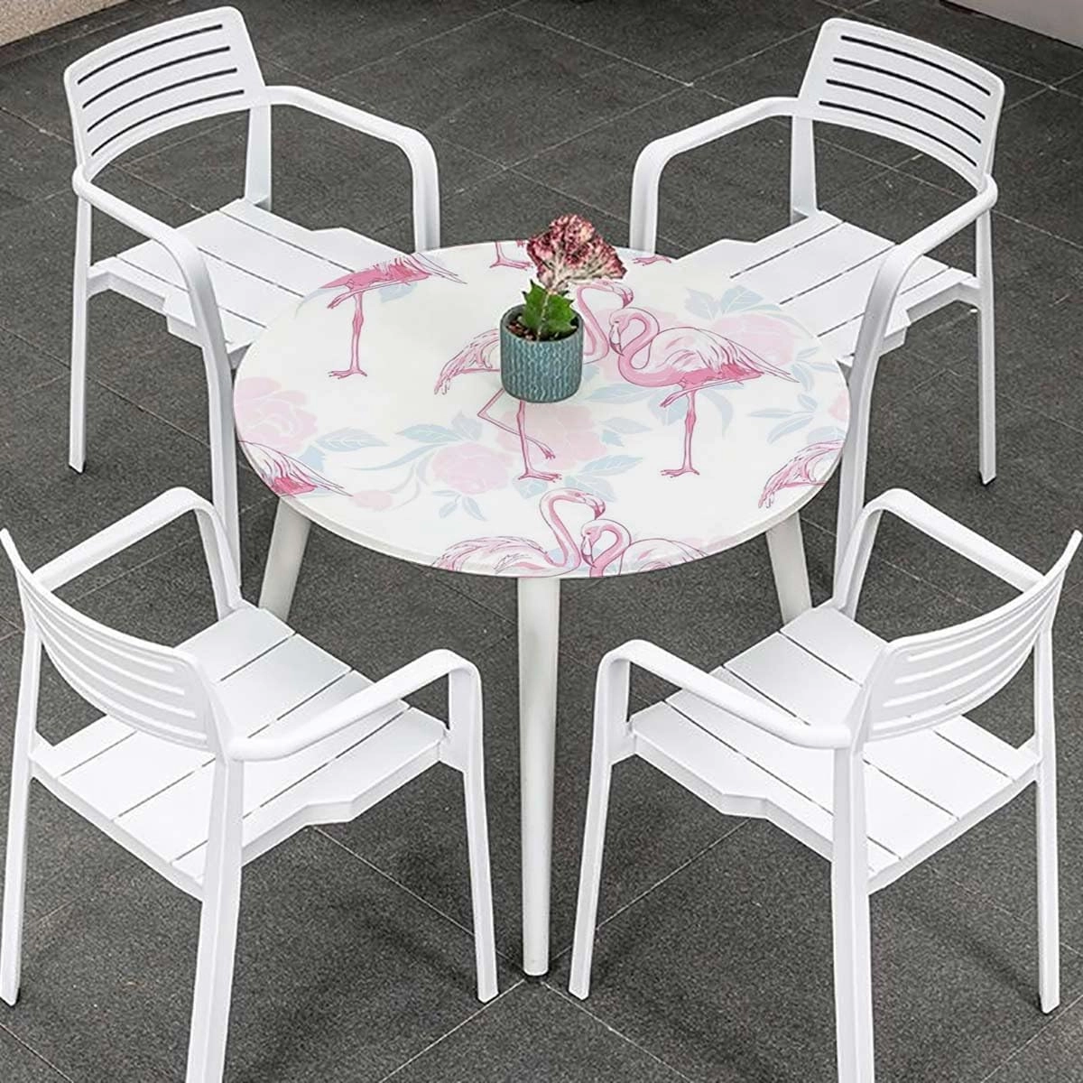White Pink Round Tablecloth with Elastic Edge Flamingo Pastel Colored Standing with Elastic Edge Polyester Waterproof Spill Proof Table Cover Exotic Fits up 40"-44" Diameter Tables