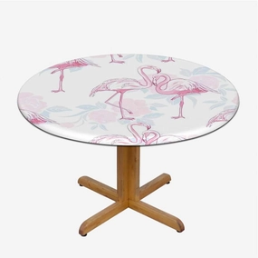 White Pink Round Tablecloth with Elastic Edge Flamingo Pastel Colored Standing with Elastic Edge Polyester Waterproof Spill Proof Table Cover Exotic Fits up 40"-44" Diameter Tables