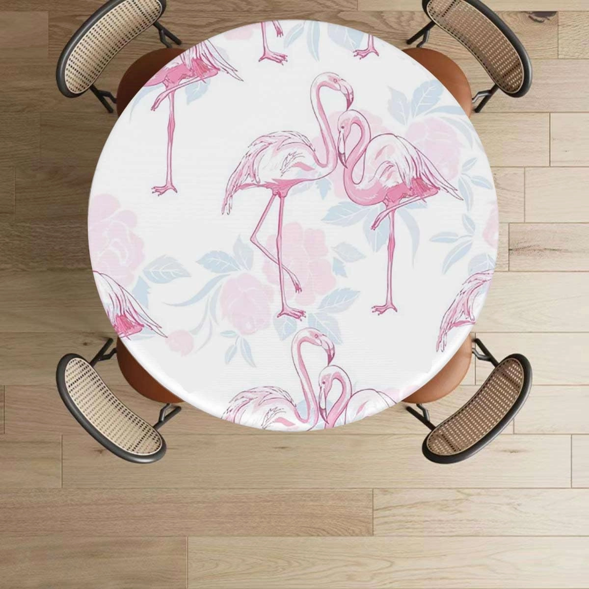 White Pink Round Tablecloth with Elastic Edge Flamingo Pastel Colored Standing with Elastic Edge Polyester Waterproof Spill Proof Table Cover Exotic Fits up 40"-44" Diameter Tables