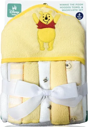 Winnie The Pooh Bath Towel Set | Winnie The Pooh Hooded Baby Bath Towel | Includes Hoodie Towel & 5 Wash Cloths | Yellow/White | Officially Licensed