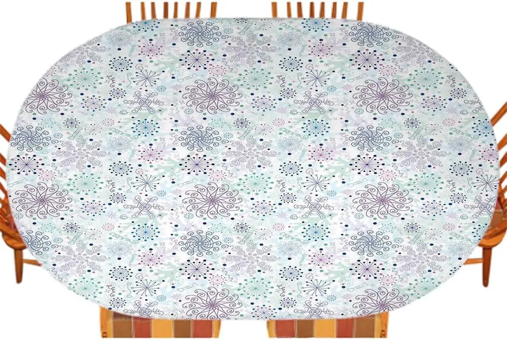 Winter Fitted Table Cover, Pastel Colored Cheerful Composition with Abstract Snowflakes and Curls, Indoor/Outdoor Waterproof Tablecloth, Patio and Kitchen Dining, Fits 48" x 72" Table, Lavender Green