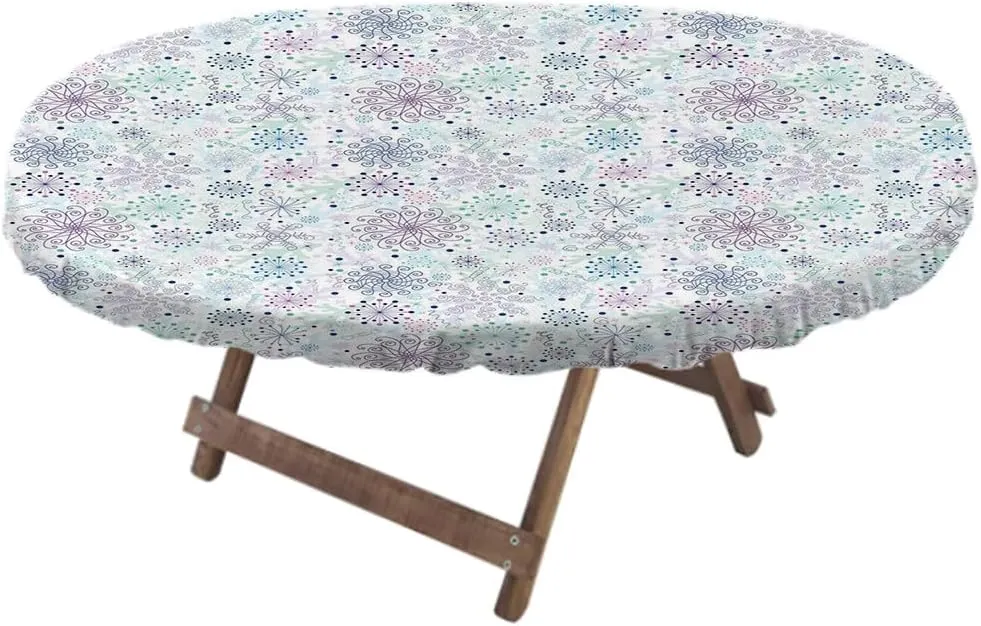 Winter Fitted Table Cover, Pastel Colored Cheerful Composition with Abstract Snowflakes and Curls, Indoor/Outdoor Waterproof Tablecloth, Patio and Kitchen Dining, Fits 48" x 72" Table, Lavender Green
