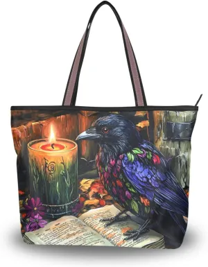 Women Tote Bag Gothic Crow Print for Everyday & Travel, Handbag Purse Reusable Grocery Bag Large