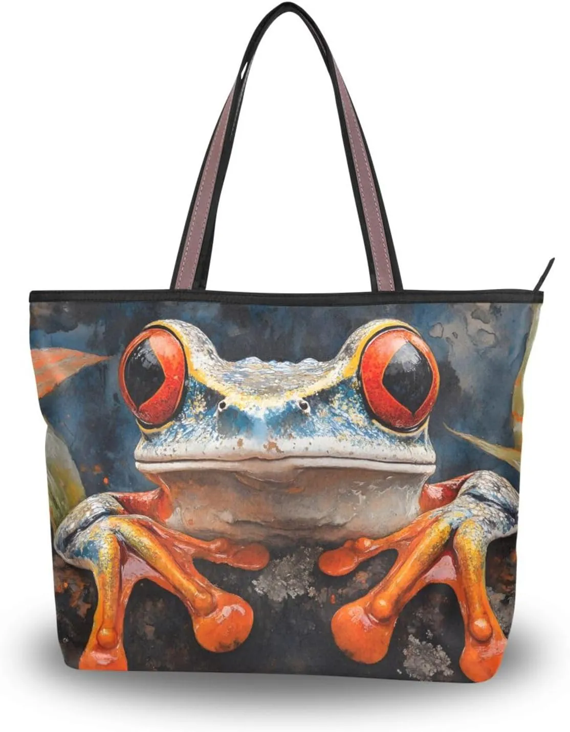Women Tote Bag Portrait Frog Print for Everyday & Travel, Handbag Purse Reusable Grocery Bag Large