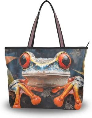 Women Tote Bag Portrait Frog Print for Everyday & Travel, Handbag Purse Reusable Grocery Bag Large