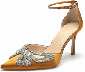 Women's Closed Pointed Toe Pumps Rhinestone Bow Sparkly Wedding Shoes High Stiletto Heels Satin Ankle Strap Heeled Prom Dress Sandals